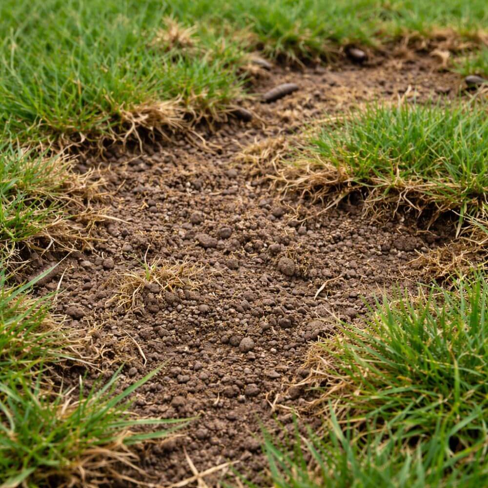 Matured soil patch surrounded by green grass