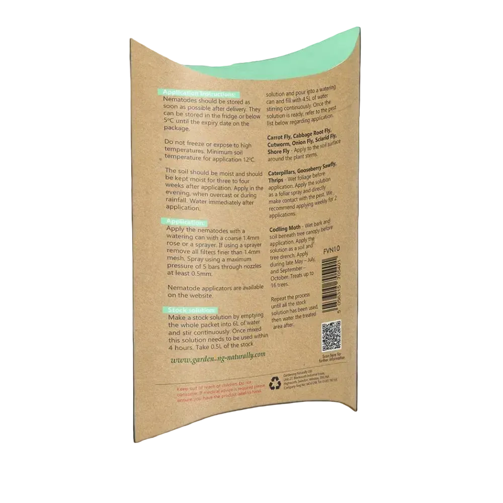 Back of a cardboard pest control package with text and a QR code on a black background