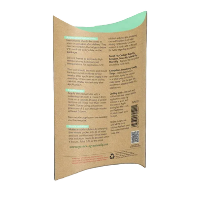 Back of a cardboard pest control package with text and a QR code on a black background