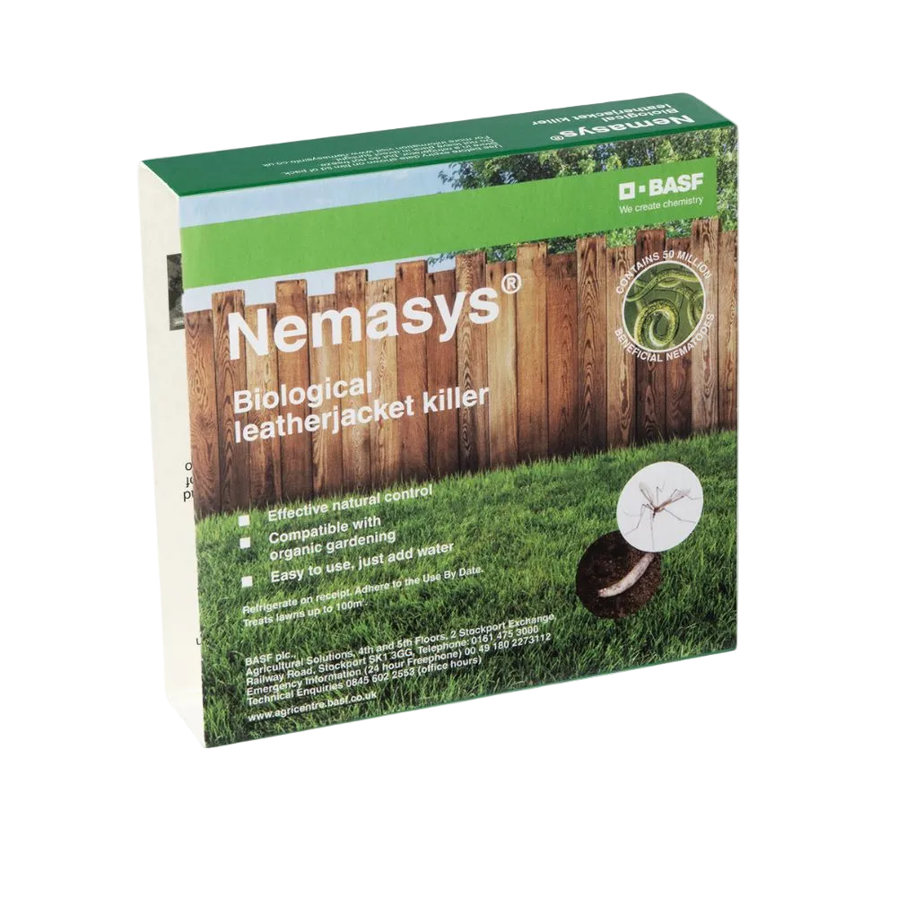 Nemasys Biological Leatherjacket Killer packaging with a wooden fence and grass background.