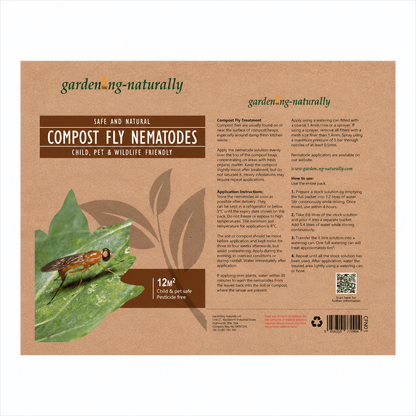 Package of compost fly nematodes with branding and product details on a brown background