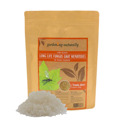 Package of 'garden-naturally' long life fungus gnat nematodes on a white background