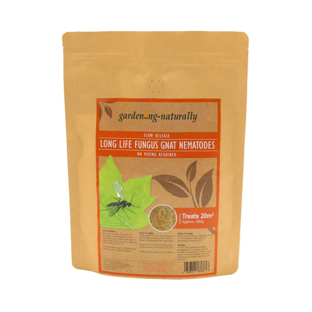 Package of garden-naturally long life fungus gnat nematodes on a white background