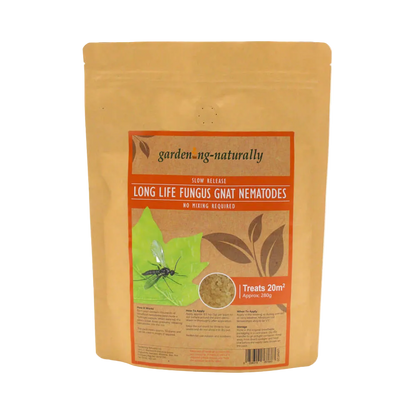 Package of garden-naturally long life fungus gnat nematodes on a white background