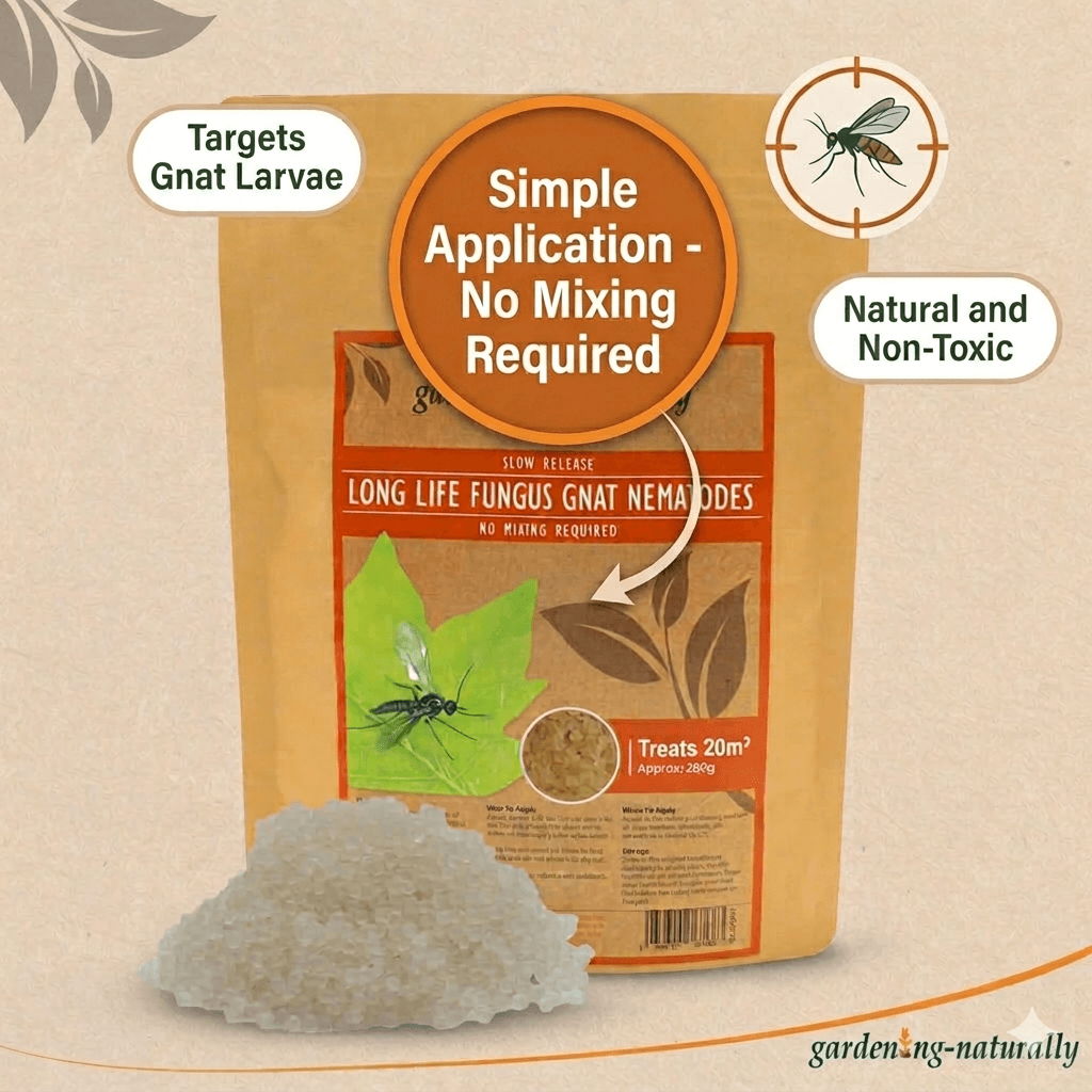 Package of long life fungus gnat nematodes with text highlighting features on a beige background