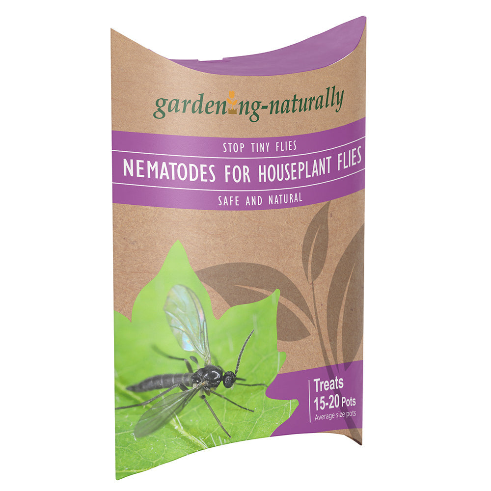 Package of nematodes for houseplant flies with a leaf and fly illustration on a white background.