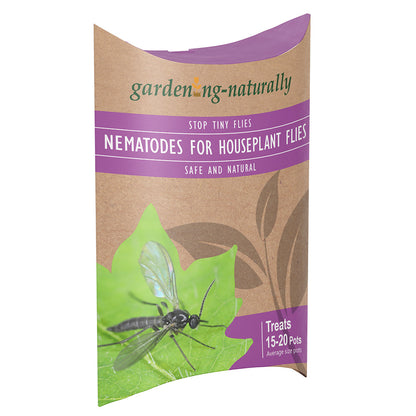 Package of nematodes for houseplant flies with a leaf and fly illustration on a white background.