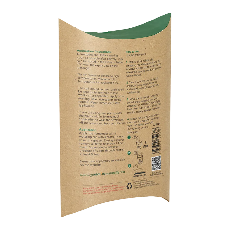 Instructions on the back of a nematode pack showing how to use ant nematodes
