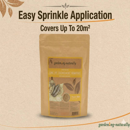 long life nematodes for leatherjackets with 'growing naturally' branding on a beige background