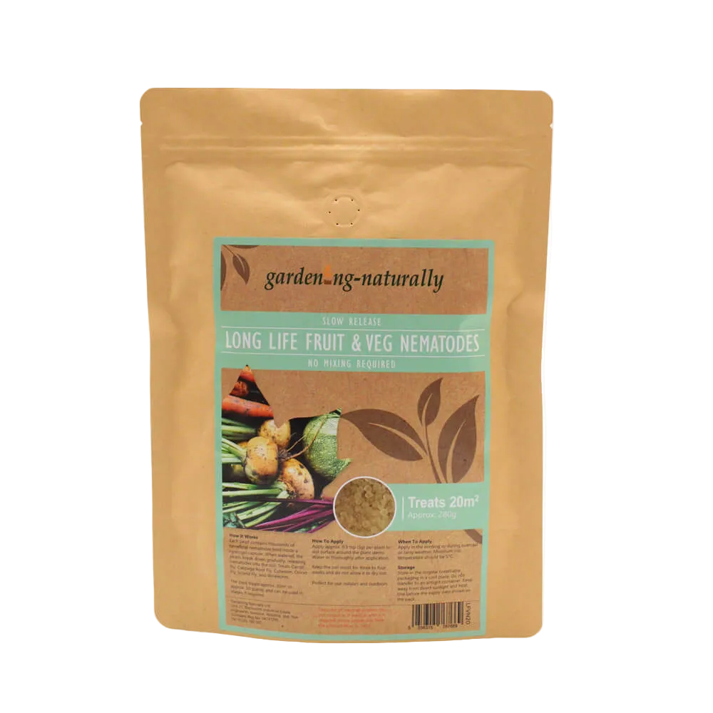 Brown package of 'garden naturally' long life fruit & veg nematodes on a white background