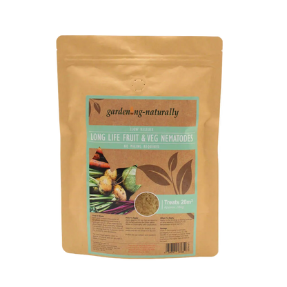 Brown package of 'garden naturally' long life fruit & veg nematodes on a white background