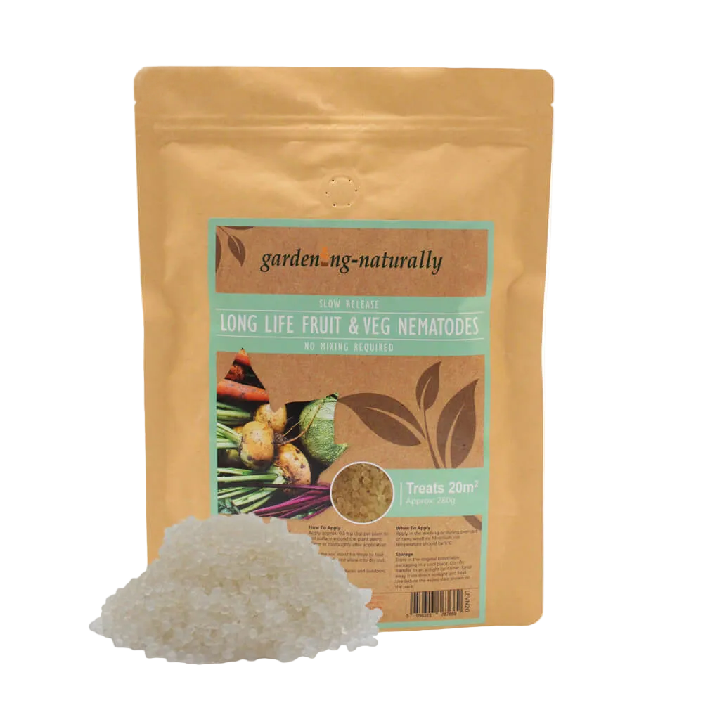 Package of garden-naturally long life fruit & veg nematodes on a white background