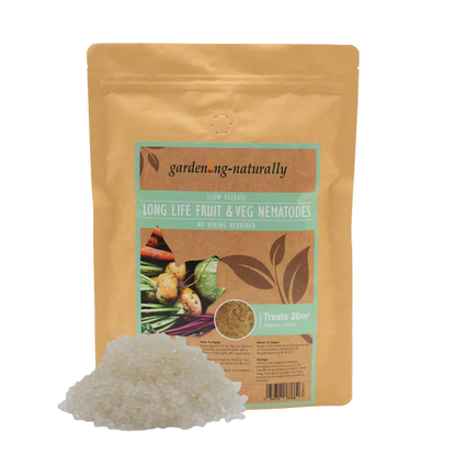 Package of garden-naturally long life fruit & veg nematodes on a white background