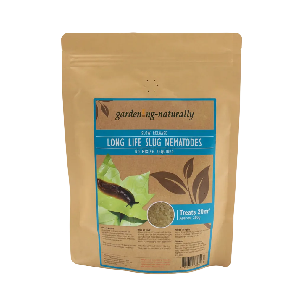 Package of garden-naturally long life slug nematodes on a white background
