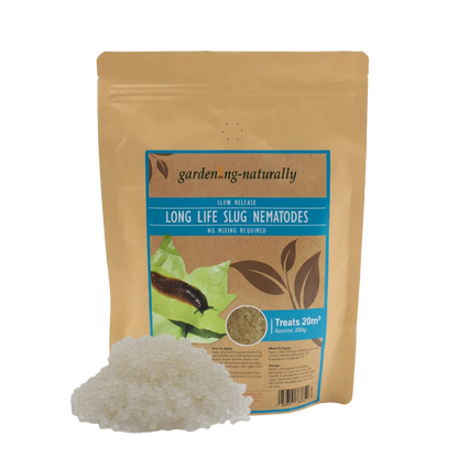 Package of garden-naturally long life slug nematodes on a white background