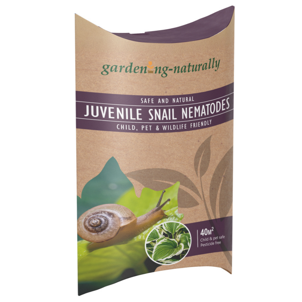 Package of garden-naturally juvenile snail nematodes on a white background